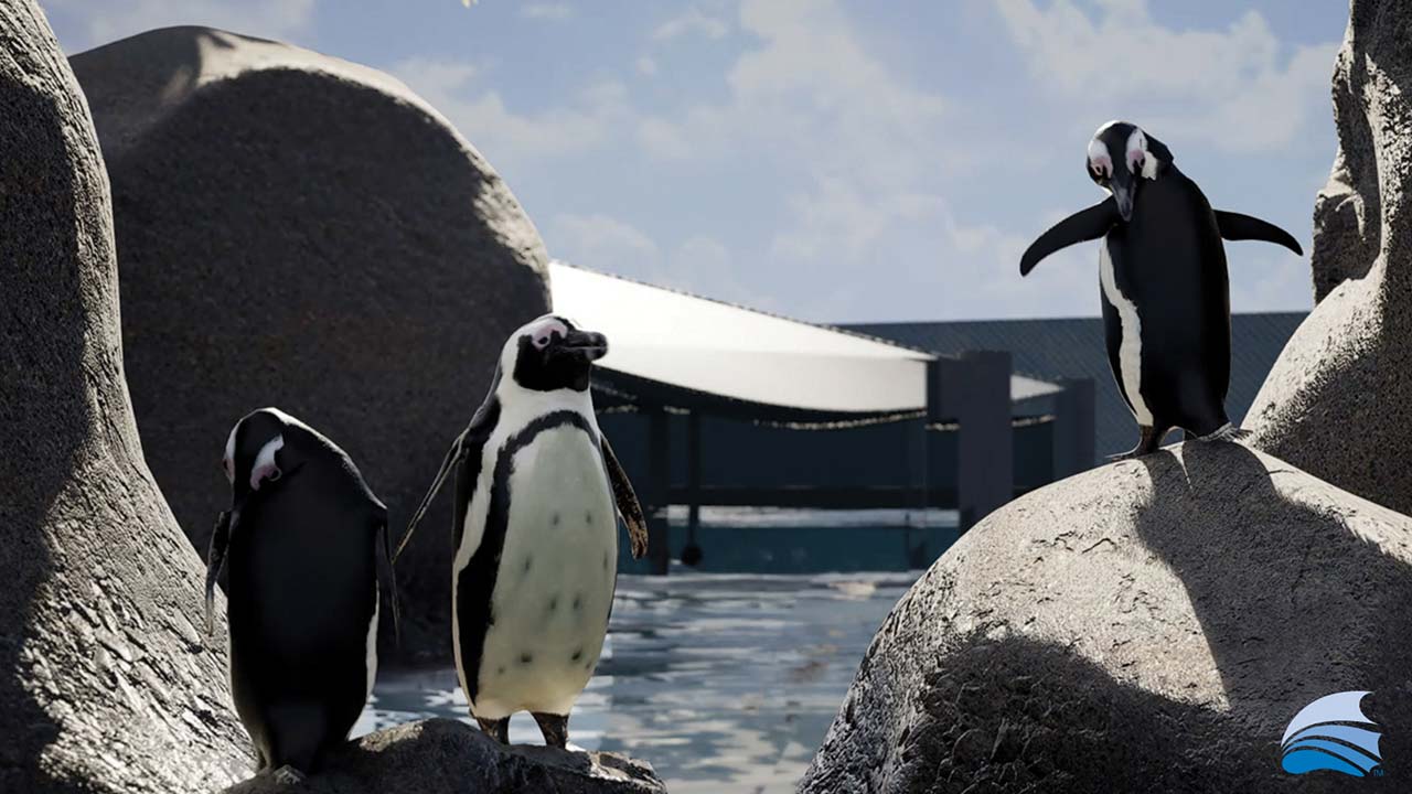 Rendering of the African Penguin habitat with penguins standing together